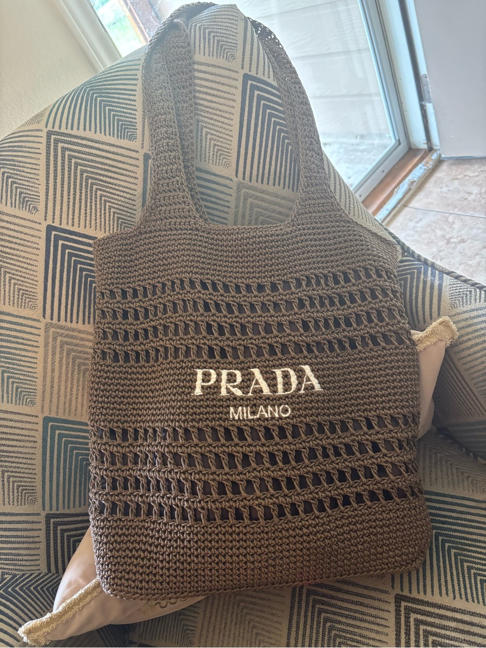 Prada Brown Crochet Messenger Bag with Embroidered Logo